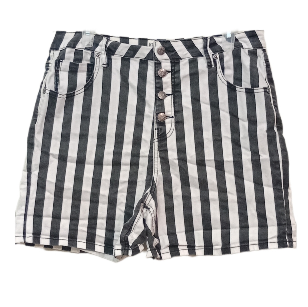 HT Denim Black and White Striped High Waist Shorts